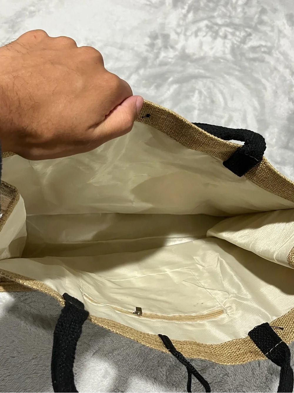 beige burlap beach tote bag featuring 
